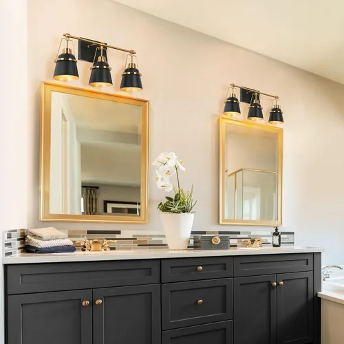 Vista 3 de Lámparas de baño de oro negro, modernas luces de tocador de granja sobre el espejo, 3 luces de cobre dorado con pantalla de metal y artesanía Negro