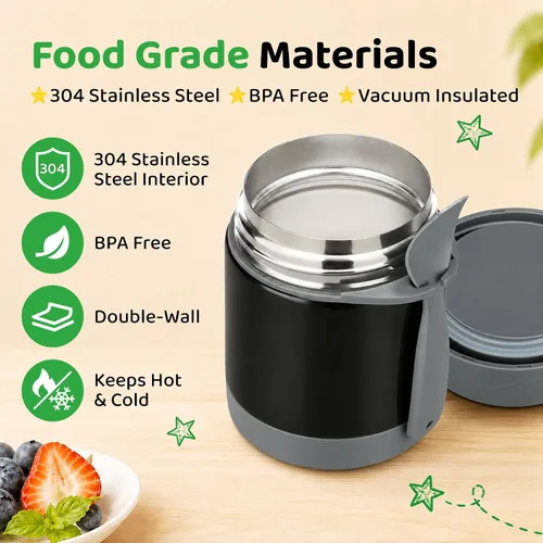 Vista 3 de Termo de sopa de 10 onzas para comida caliente para niños, tarro de comida aislado, contenedor térmico de almuerzo de comida caliente, caja de Negro