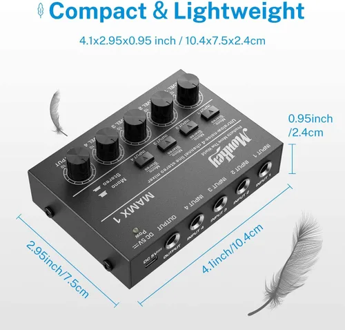 Vista 7 de Moukey Mini Mezclador de Audio, DC 5V, 4 Estéreo Ultra, Mezclador de Línea de 4 Canales de Bajo Ruido para Sub-Mezcla, para Pequeños Clubes o Bares