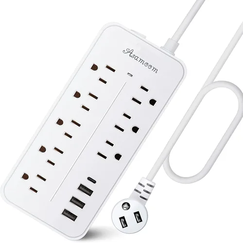 Vista 10 de Regleta de alimentación con protector de sobretensiones de 10 pies, Asamoom, tira de alimentación de enchufe plano con cable largo ETL listado, 8