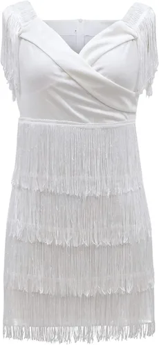 Vista 2 de LYANER Minivestido de fiesta elegante sin mangas con flecos y hombros descubiertos para mujer
