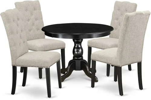 Vista 13 de East West Furniture HBEL3-ABK-35 - Juego de mesa y sillas de cocina de 3 piezas que contiene una mesa de comedor redonda con pedestal y 2 sillas