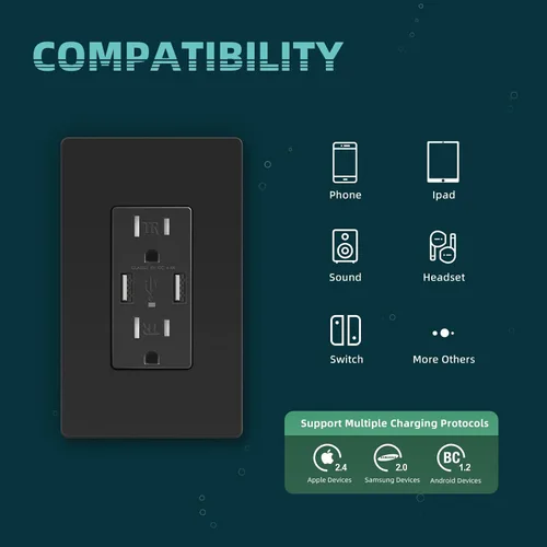 Vista 3 de TOPELER Toma de corriente de carga USB negra de 4.8 A, receptáculo dúplex resistente a manipulaciones de 15 amperios, enchufe eléctrico con puertos