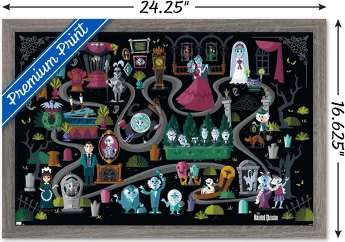 Vista 3 de Disney Haunted Mansion - Póster de pared de mapa, 22.4 pulgadas de largo x 14.7 pulgadas de ancho, versión enmarcada de madera de granero