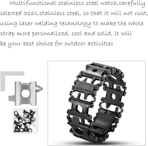 Vista 3 de Pulsera de herramientas de acero inoxidable ONELANKS para hombres, compatible con LEATHERMAN TREAD y correa de reloj, 29 en 1, pulsera multifunción