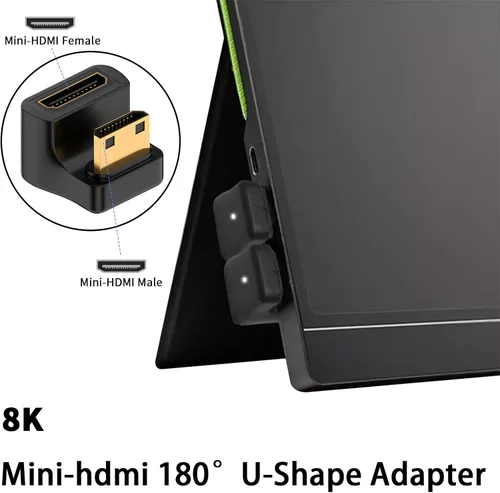 Vista 2 de Duttek Adaptador Mini HDMI de 180 grados 8K @60Hz, 48Gbps, en forma de U, adaptador extensor en ángulo mini HDMI en ángulo macho a hembra, luz LED
