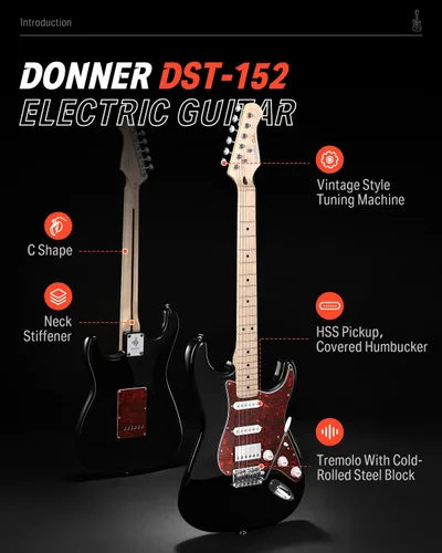 Vista 2 de Donner, DST-152B Kit de guitarra eléctrica de 39 pulgadas HSS, con bobina de pastilla dividida, con amplificador, bolsa, accesorios, guitarra