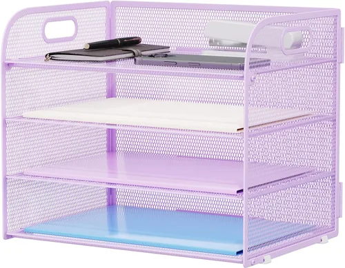Vista 12 de Marbrasse Organizador de Papel de 4 Niveles Bandeja para Cartas - Organizador de Archivos de Escritorio de Malla con Asa, Organizador Clasificador