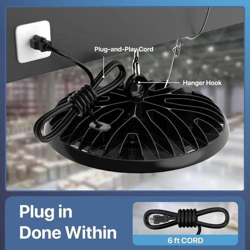 Vista 3 de HYPERLITE UFO LED High Bay Light: 150W 19500LM High Bay LED Luces de tienda con enchufe de 6 pies - 5000K IP65 LED Warehouse Luces para taller