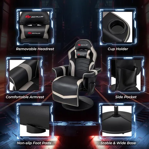 Vista 8 de Goplus - Silla gamer con masaje, altura ajustable, para videojuegos, con reposapiés retráctil, soporte para tazas, reposacabezas, silla giratoria