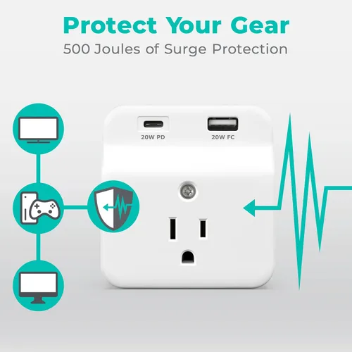 Vista 7 de KMC Protector de sobretensiones USB-C PD de 3 tomacorrientes, cargador de entrega de energía USB-C y puerto de carga rápida USB-A, protección contra