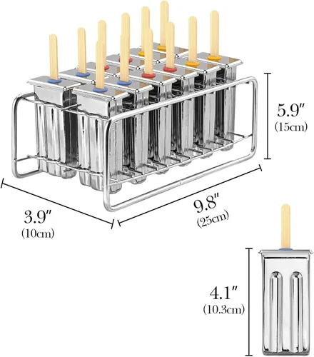 Vista 2 de Paquete de 12 moldes de paletas de acero inoxidable, moldes caseros para paletas de hielo con soporte, máquina reutilizable de cabeza plana