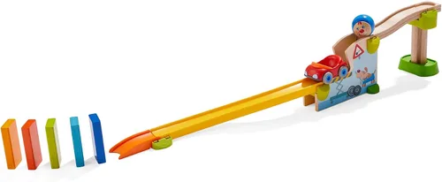 Vista 4 de HABA Juego de carreras de pelota y pista con coche y dominó, 16 piezas Kullerbü Marble Runs y juegos de construcción para niños de 2 años