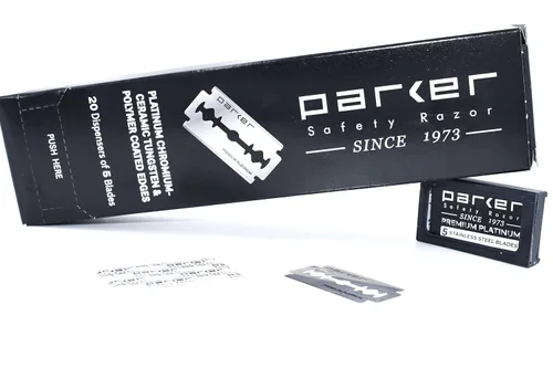 Vista 4 de Parker - 100 cuchillas de afeitar de seguridad de doble filo, acero inoxidable revestido de platino y tungsteno de alta calidad para afeitados