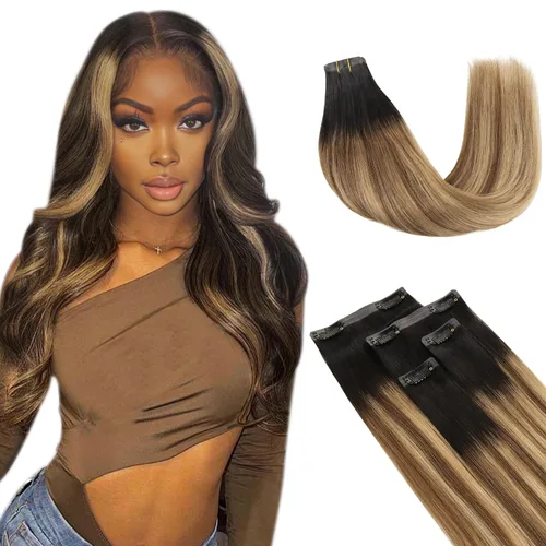 Vista 15 de Lashey Extensiones de cabello humano con clip, sin costuras, #1, color negro azabache, extensiones de cabello humano real, extensiones de cabello