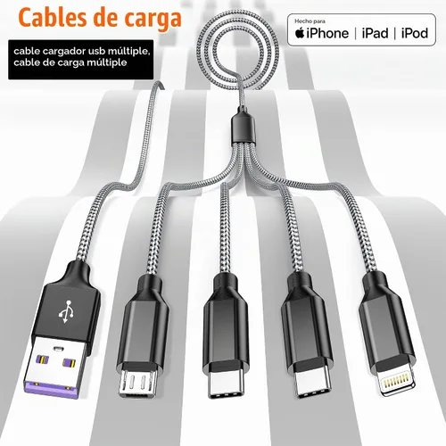 Vista 7 de Doub Tyep-C 4 en 1 cable de carga múltiple de 4 pies, cable de carga de nailon trenzado Lightning para iPhone, cable de carga universal con tipo C