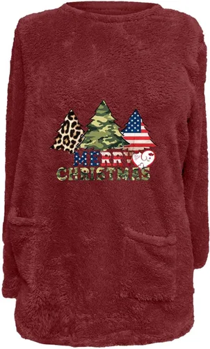 Vista 2 de Camisas de Navidad para mujer, de forro polar, casual, cuello redondo, manga larga, con bolsillos