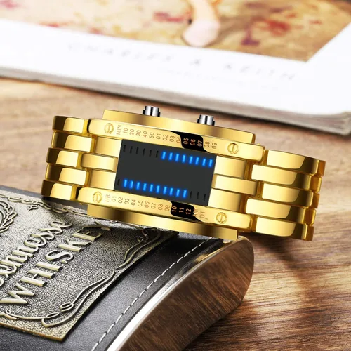 Vista 3 de Binary Matrix Blue led - Reloj Digital para hombre, moda clásica y creativa, color negro chapado