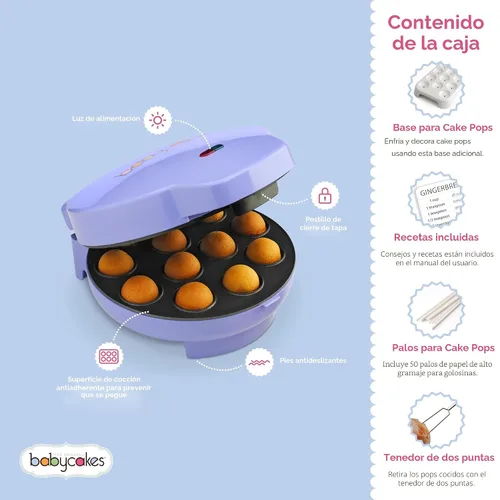 Vista 4 de Máquina para preparar Cake Pop Babycakes, Lila Máquina antiadherente para hacer pasteles para cumpleaños y más, incluye soporte decorativo y 50