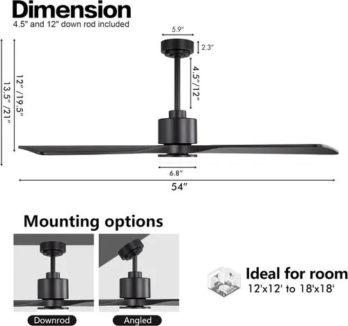 Vista 2 de WINGBO Ventilador de techo CC de 54 pulgadas con luces y control remoto, 4 cuchillas de madera maciza tallada, motor CC reversible de 6 velocidades