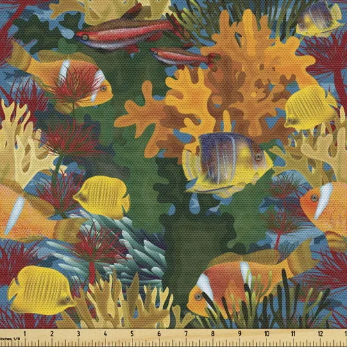 Vista 66 de Ambesonne Tela para Amantes de los Perros por Yarda, Perro Salchicha de Dibujos Animados Dachshund Cachorro con Pijamas a Rayas Flores y Mariposas