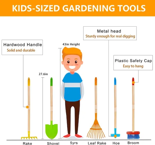 Vista 2 de Pala para niños, rastrillo para hojas, pala, azada y escoba, 5 piezas de herramientas de jardín para niños, jardín al aire libre, juguete de regalo
