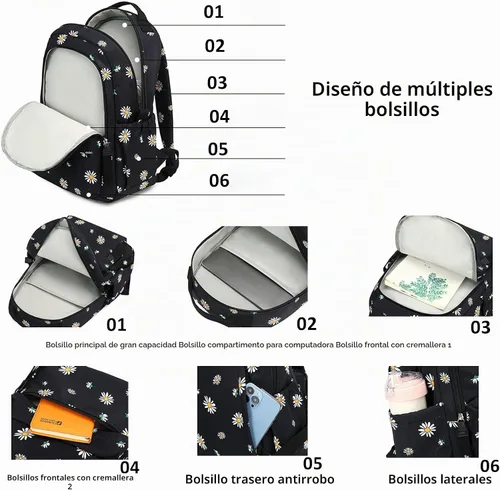 Vista 4 de Mfikaryi Daisy Prints - Mochila para niñas, para escuela secundaria Negro