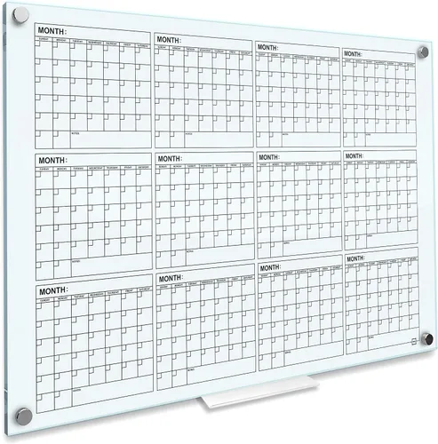 Vista 11 de Pizarra blanca magnética negra de vidrio de 34 x 46 pulgadas, calendario anual, pizarra blanca, calendario de borrado en seco para pared, pizarra