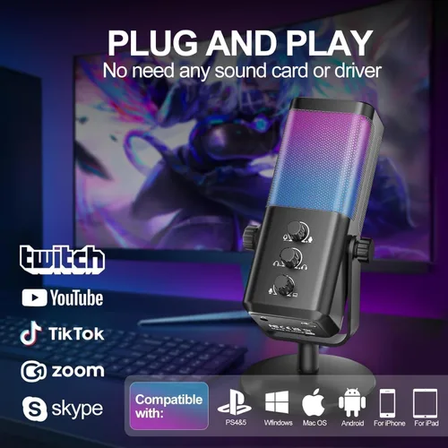 Vista 2 de Micrófono USB para juegos con equilibrio de chat de juego, micrófono de condensador RGB con cancelación de ruido, silencio rápido y monitoreo