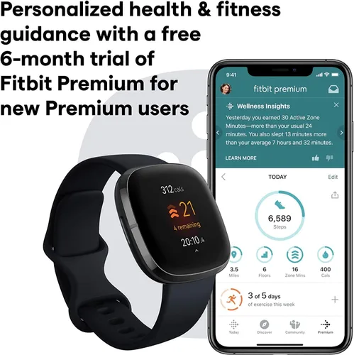 Vista 6 de Fitbit Sense Health & Fitness - Reloj inteligente con GPS, llamadas y mensajes de texto Bluetooth, frecuencia cardíaca SpO2, ECG, temperatura