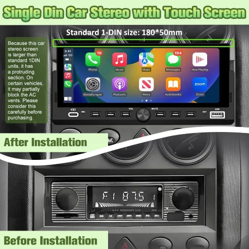 Vista 2 de Estéreo Universal Single Din para Automóvil con CarPlay Inalámbrico y Android Auto, Unidad Principal de Pantalla Táctil IPS de 6.86" con Cámara