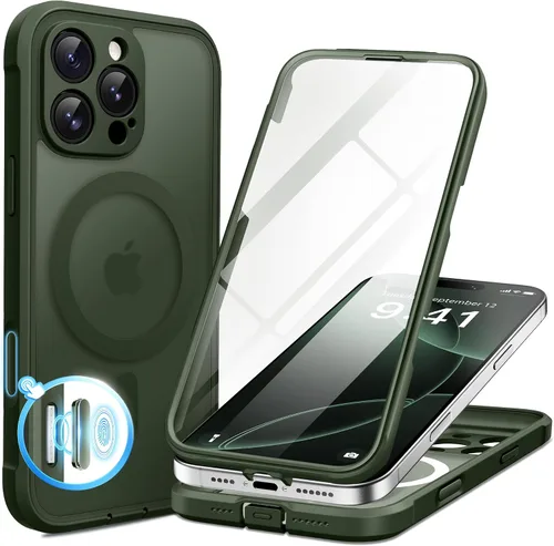 Vista 100 de BERFY Funda para iPhone 17 Pro Max, compatible con MagSafe, protector de pantalla de vidrio integrado, protección de cámara, funda de cuerpo