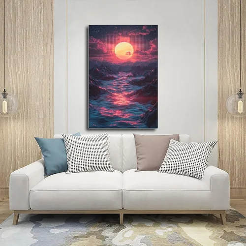 Vista 5 de Retro Futuristic Vaporwave Wall Art – Neon Synthwave Poster for Bedroom Or Studio Decor Modern Wall Prints Abstract Geometric Minimalist Art Framed