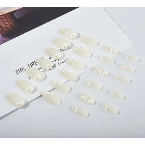 Vista 4 de RikView uñas postizas blancas en forma de almendra de longitud media, uñas adhesivas naturales, uñas en relieve con diseño de margarita