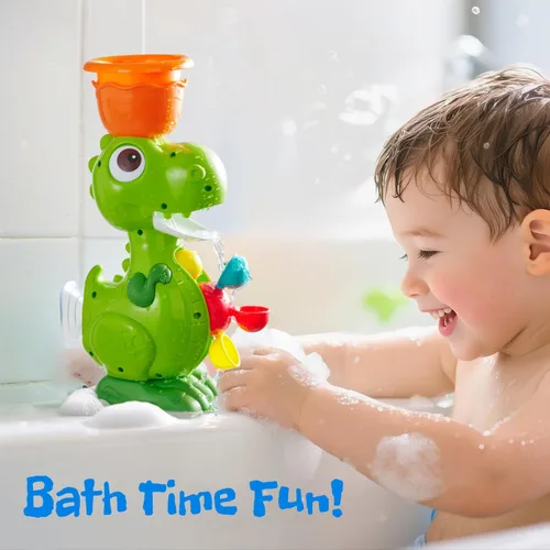 Vista 2 de Juguetes de baño de dinosaurio para niños de 1 a 3 años, juguete de baño para bebés con 4 tazas de agua y ruedas giratorias, divertido juguete