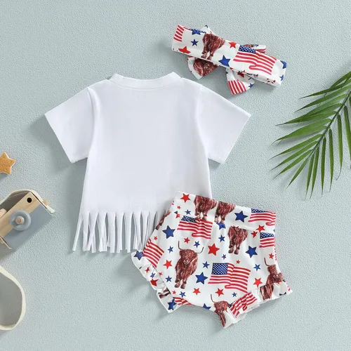 Vista 3 de 4 de Julio Bebé Niña Ropa de Verano Traje de Arco Iris Camiseta de Bebé Americano Conjunto de Pantalones Cortos
