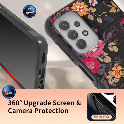 Vista 4 de Funda para Samsung Galaxy A13/A04/A04S/A23/A32 5G con protector de pantalla, parte trasera con textura de policarbonato duro, hermosa flor, diseño