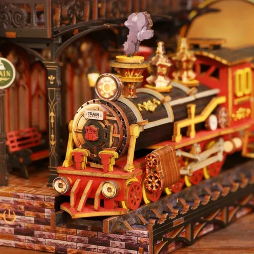 Vista 2 de Kit de rincón de libro, rompecabezas de madera 3D, kit de rincón de libros con tren de vapor, kit de habitación en miniatura para bricolaje, soporte