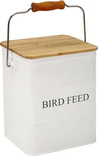 Vista 8 de Contenedor de almacenamiento de semillas de pájaro de metal, recipiente para pájaros al aire libre, contenedor de comida para mascotas con tapa