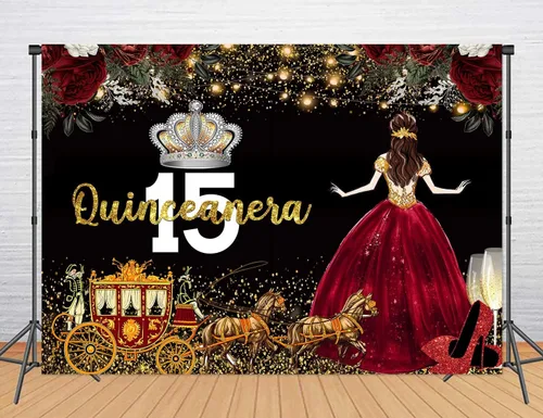 Vista 10 de Vestido rojo, fondo de flores de rosa, telón de fondo de cumpleaños de quinceañera para niña, princesa, feliz cumpleaños 15, carruaje de fotografía