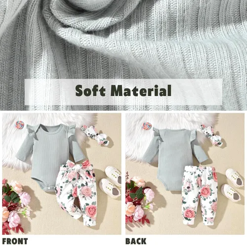 Vista 3 de Aalizzwell Conjunto de mameluco acanalado para bebé recién nacido prematuro para otoño e invierno