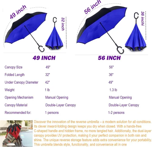 Vista 116 de SIEPASA Paraguas invertido invertido de 49/56 pulgadas, doble toldo extra grande, ventilado, resistente al viento, impermeable, paraguas de golf
