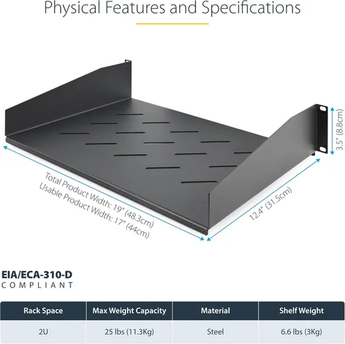 Vista 5 de StarTech - Estante ventilado de 2U para servidores, 12 pulgadas, 25 libras (CABSHELFV2U-12-RACK) EIA-310 19in fit, 24.9 lbs, 12.4 in profundidad
