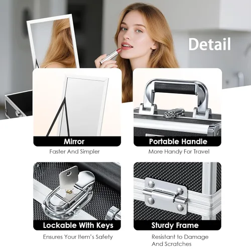 Vista 6 de FRENESSA Estuche organizador de maquillaje, caja de cosméticos, estuche portátil de maquillaje con espejo, 2 bandejas, caja de tocador de viaje