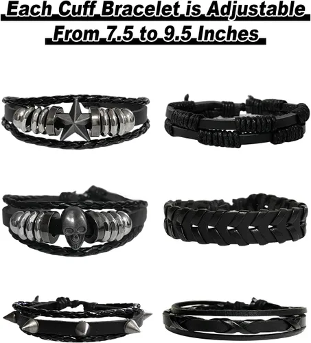 Vista 2 de 6 Pcs Punk Rock Leather Studded Bracelets for Men Women Adjustable Braided PU Wristband 80s Skull Gothic Emo Accessories