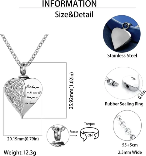 Vista 5 de LuxglitterLin Collar de urna de cremación con forma de corazón de ala de ángel para cenizas humanas, recuerdo, joyería conmemorativa, Dios te tiene