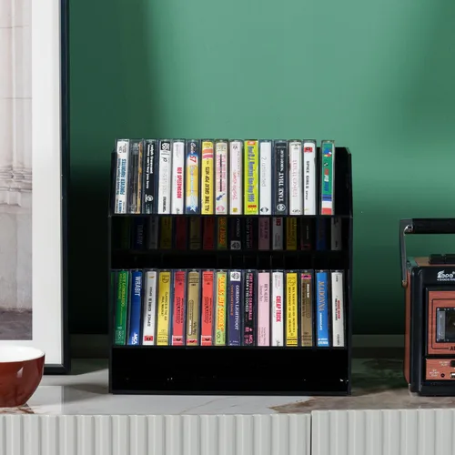 Vista 4 de MyGift Soporte para casetes compactos de acrílico negro de 2 niveles con asas de transporte recortadas, cintas de casete de audio retro, soporte