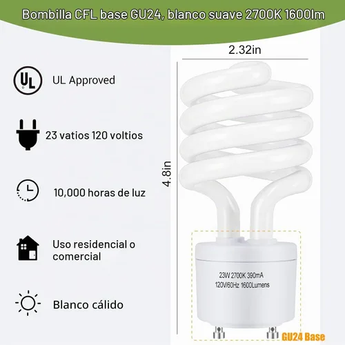 Vista 2 de Winkcao CFL Bombillas GU24 Base T3 Espiral 23W 2700K Blanco Cálido