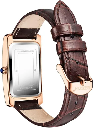 Vista 4 de carlien Reloj de cuarzo para mujer, elegante, rectángulo, vestido con correa de cuero y corona de cristal azul