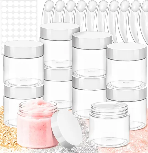 Vista 9 de Paquete de 15 tarros de plástico redondos transparentes de 1 onza con tapas, frascos pequeños para cosméticos de 1 fl oz, recipientes de maquillaje